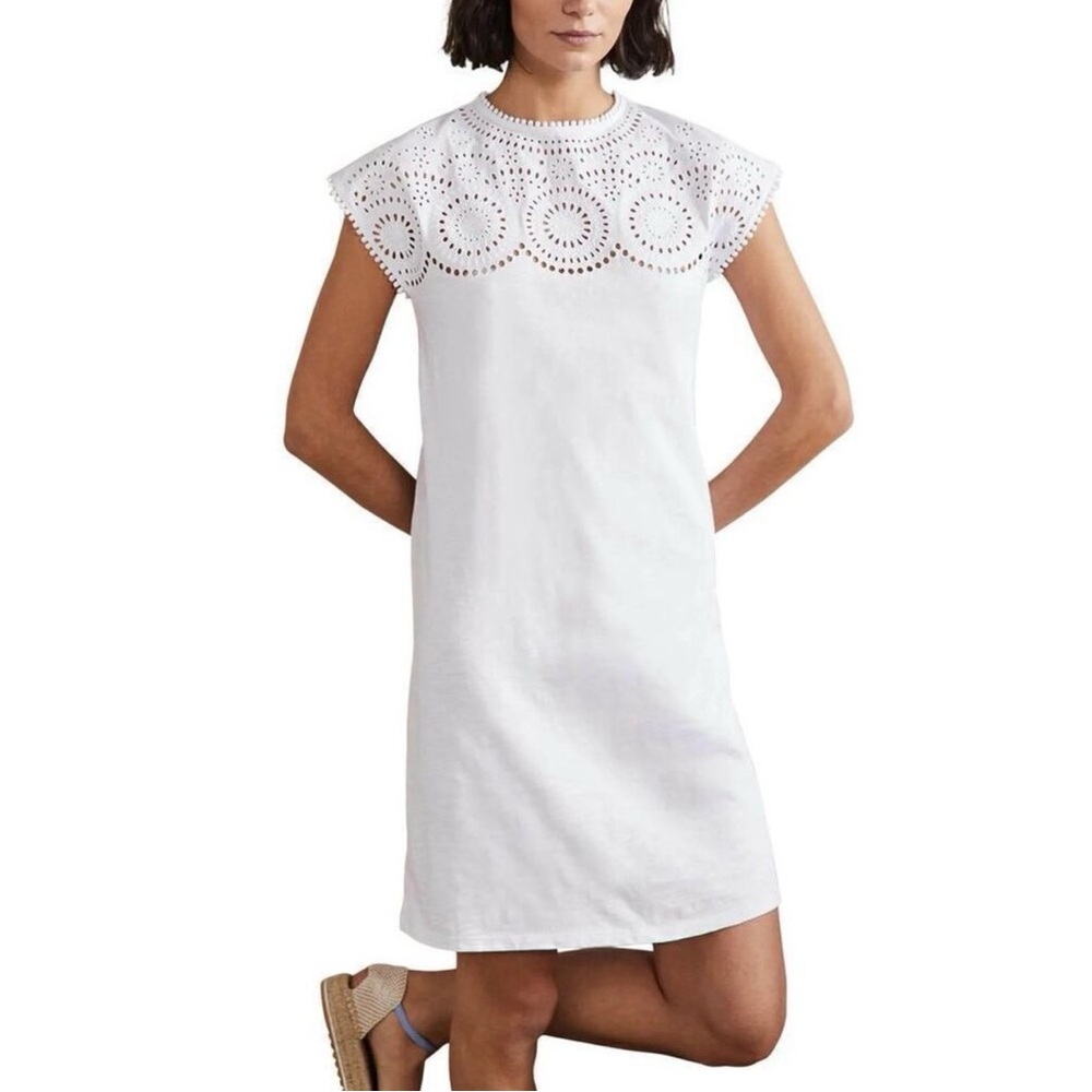 NWT Boden White Jersey Cutwork Eyelet Lace Shift Dress Size 14R